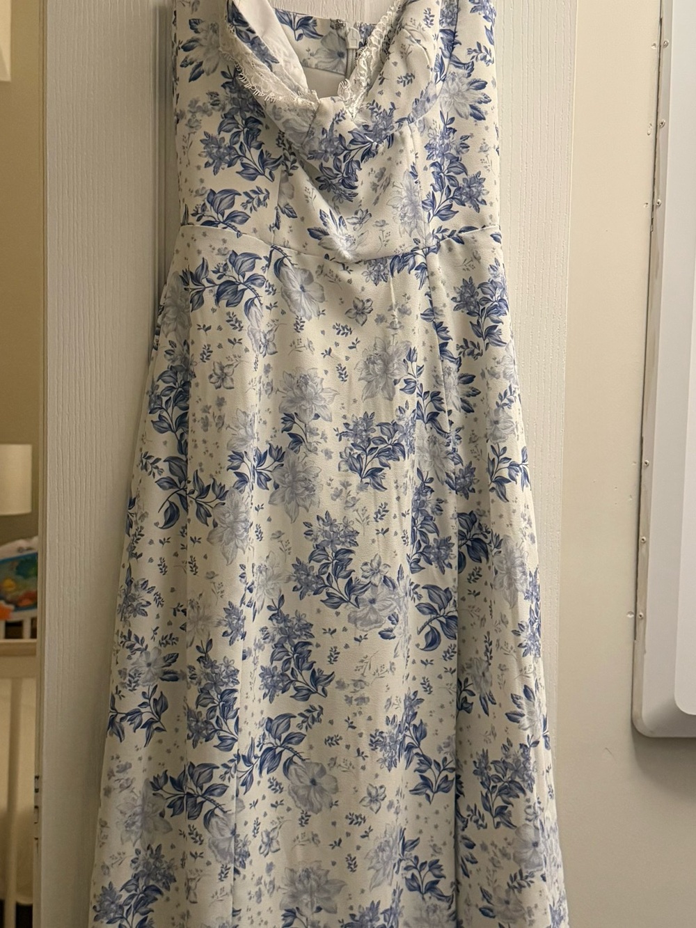 House of CB Blue Floral Cowl-Neck Maxi Dress on Cream